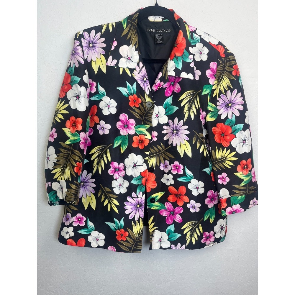 Anne Carson Woman 100% Silk Floral Shirt Jacket Large Lined Shoulder Pads Button